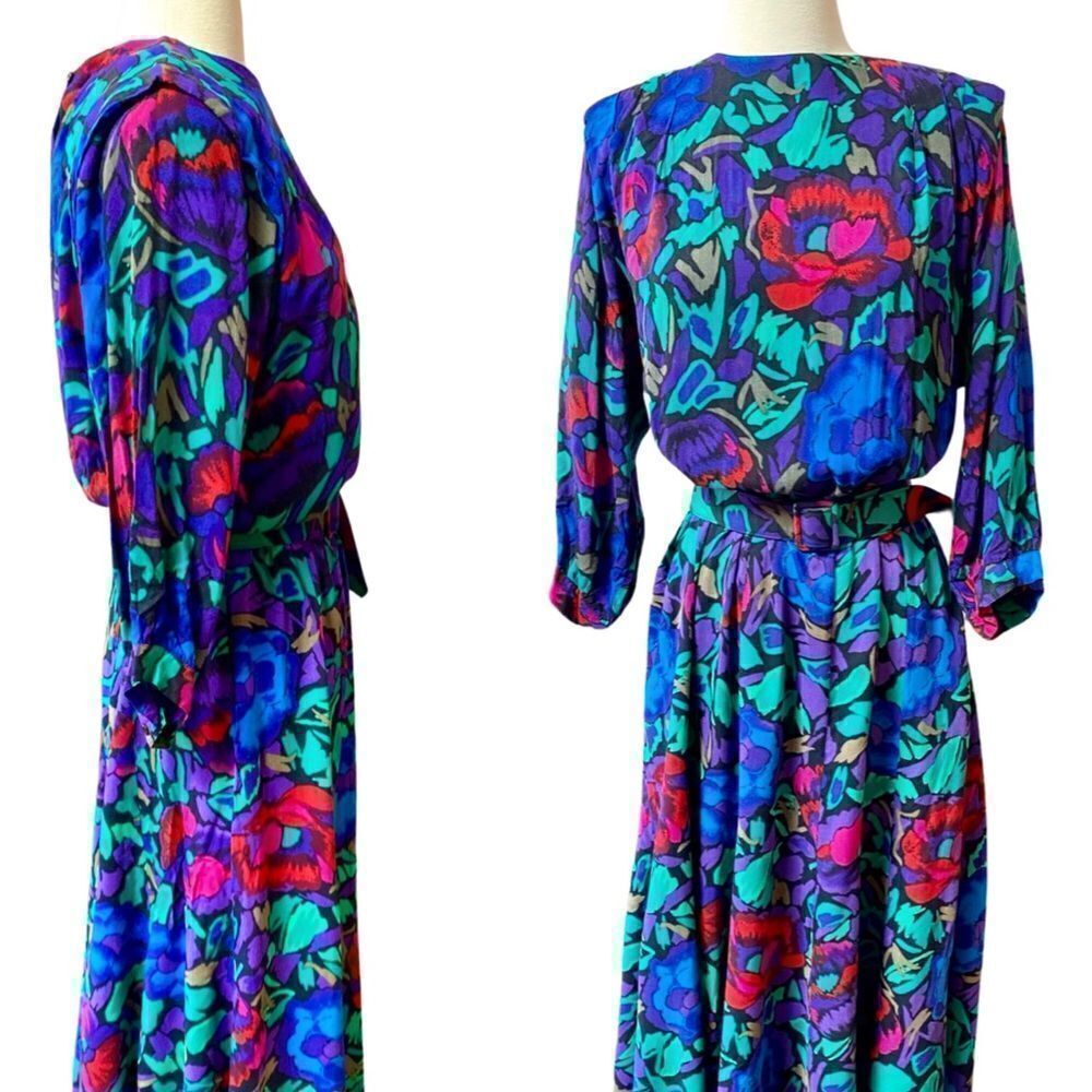 True Vintage 1980’s Vibrant Belted Floral Midi / Maxi Dress